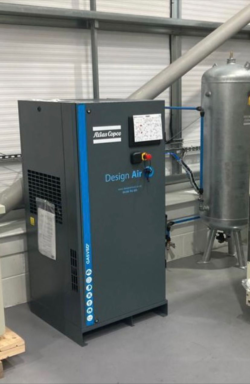 Galvanised air receiver installed alongside a Design Air branded Atlas Copco GA VSD compressor in Scotland