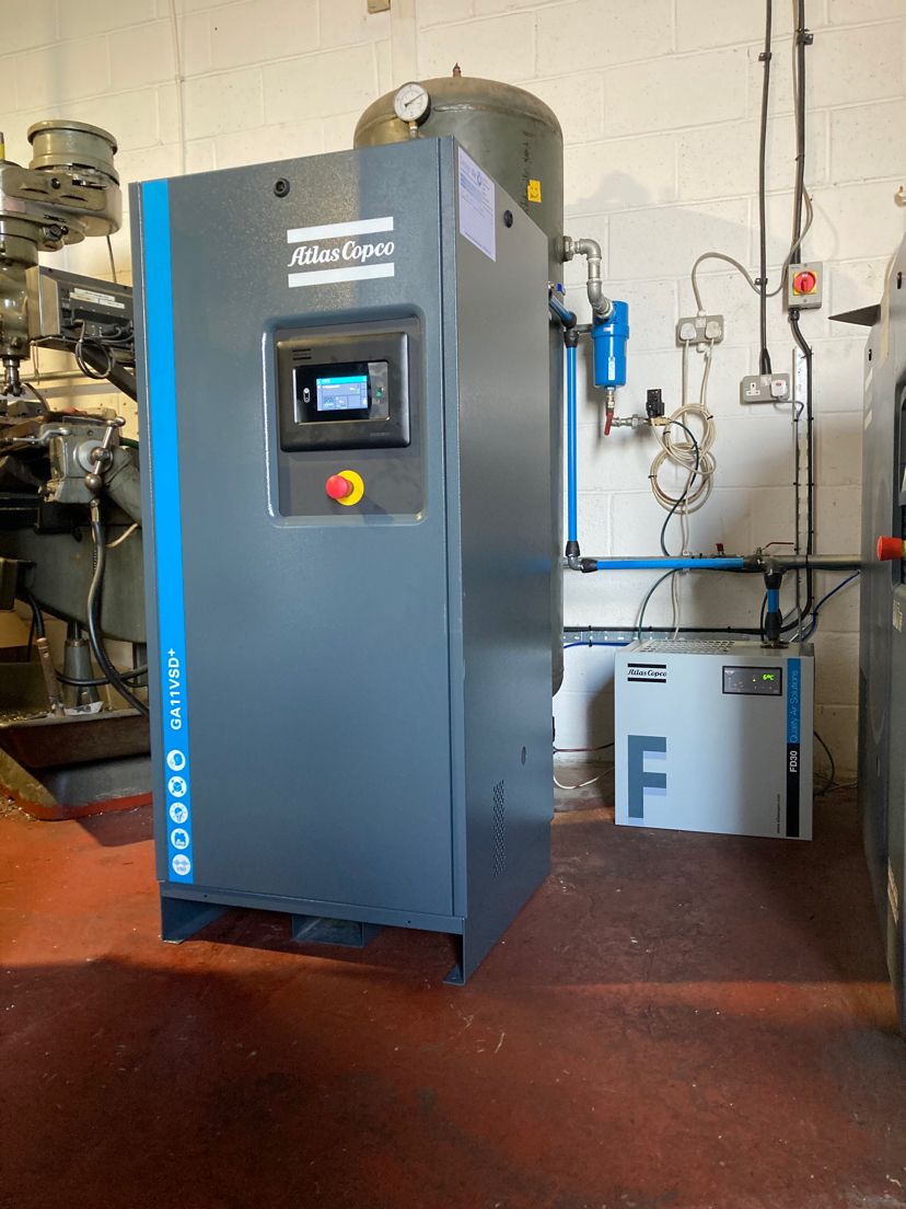 Atlas Copco GA11 VSD compressor with vertical air receiver and FD dryer installed by Design Air